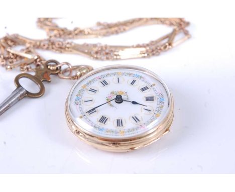 A lady's continental 14ct gold cased fob watch, having jewelled dial, engraved back cover, and keywind movement, dia.34mm, 26