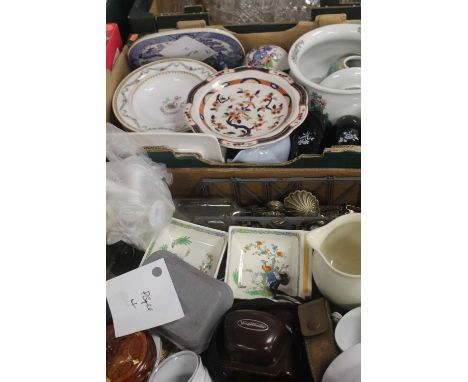 Two boxes of mixed effects, to include sundry chinaware including a chamberpot, Charlotte Rhead vase (a/f), camera equipment,