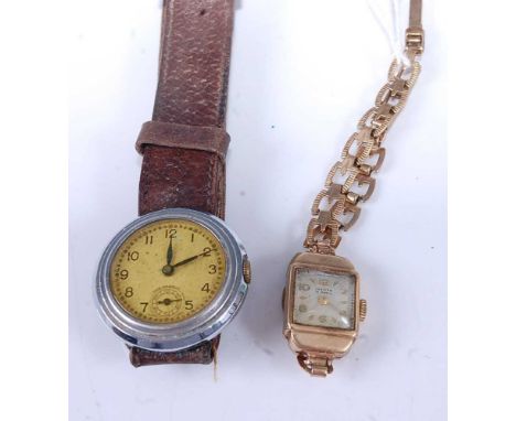 A lady's Invicta 9ct gold cased manual wind wristwatch, having a tank dial, case w.15mm, on 9ct gold bracelet, 12.6g; togethe