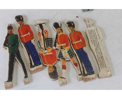 A collection of Chad Valley lithograph printed and fret carved figures of soldiers, to include Kings Royal Rifle Corps, Royal
