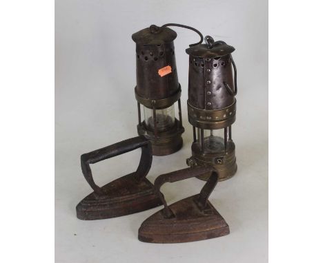 A miner's safety lamp, bearing label for Patterson Lamps Ltd, 14 type GTL9, Gateshead on Tyne, h.24cm; together with one othe