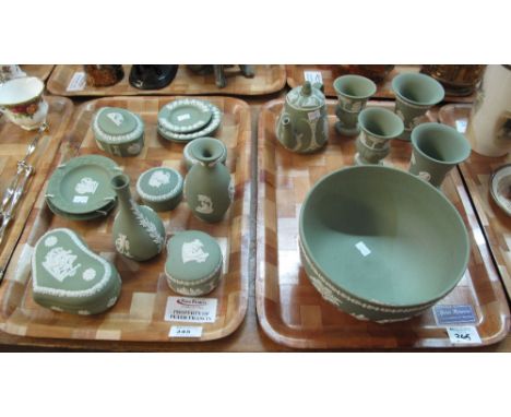 Two trays of Wedgwood Jasperware items to include: pedestal bowl; campana and other vases; pin dishes; trinket boxes; teapot 