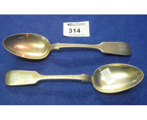 Pair of silver fiddle pattern dessert spoons, engraved initial: R, London hallmarks. (2)