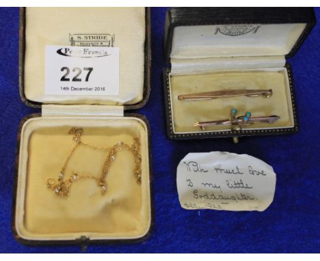 9ct gold, turquoise, seed pearl bar brooch in box, together with 9ct gold bar brooch engraved: 'Isabell', together with yello