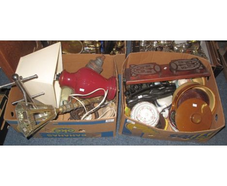 Two boxes of assorted items to include: modern baluster table lamp; pair of brass table lamps; small picture frames; ebonised