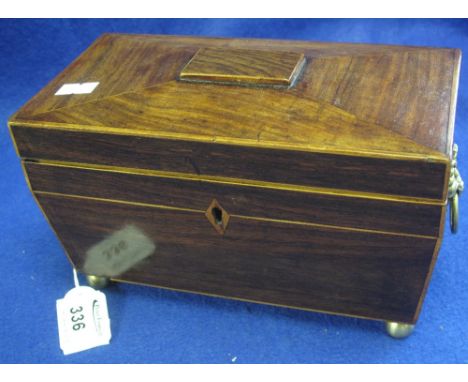 19th Century inlaid mahogany sarcophagus shaped, two section, tea caddy.