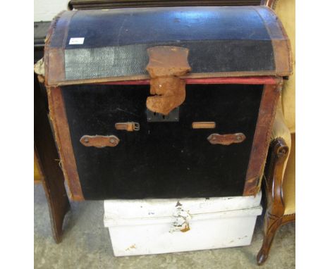 Vintage leather and canvas domed top travelling trunk.