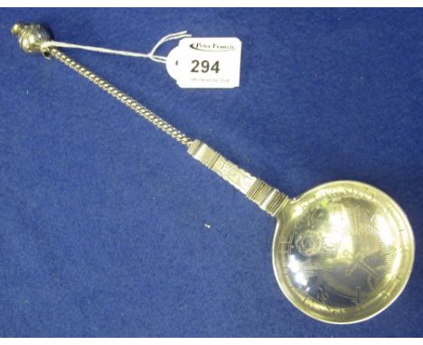 Norwegian silver engraved anointing type spoon, engraved with sun and moon and text.  Stamped: 830S.