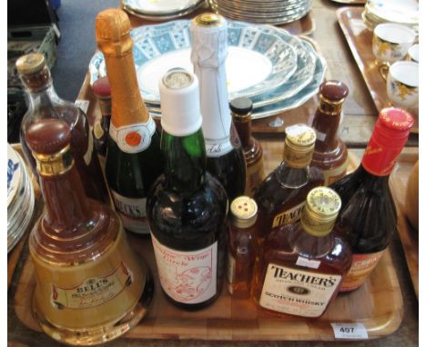 Tray of assorted alcohol to include: Bell's Old Scotch Whisky decanter by Wade; Teacher's Scotch Whisky; Irish Cream Liqueur;