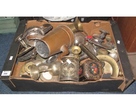 Tray of assorted metalware to include: various loose plated cutlery; plated chamber stick; other candlesticks etc.