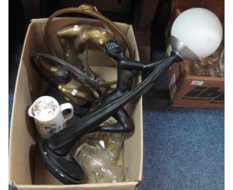 Box of assorted items to include: Art Deco style gilt and composite table sculptures; glass condiment set; Copeland Spode 'Th