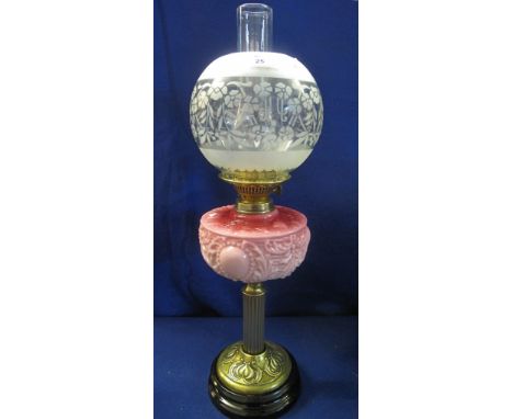 Art Nouveau brass Duplex double burner oil lamp with pink reservoir and etched spherical shade and clear glass funnel.