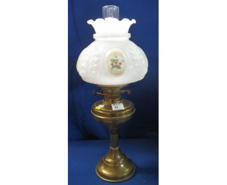 20th Century brass Eltex double oil lamp with cream shade and clear funnel.