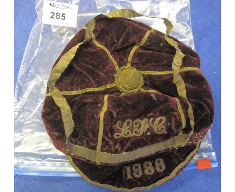 Sporting rugby or football memorabilia: velvet cap marked: L.F.C. 1888.
