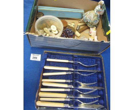 Box of assorted collectables to include: cased silver collared fish knives and forks; mother-of-pearl and other sewing items;