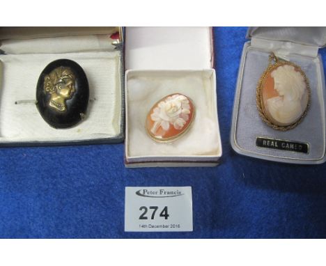 Three case brooches, two cameo and another portrait. (3)