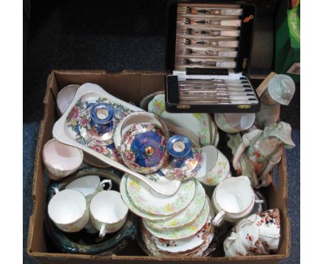 Box of assorted china to include: Maling 'Rosine' lady's dressing table set; pair of Continental figures; Kent china floral t