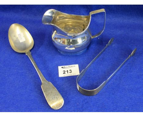 Silver helmet shaped cream jug, silver dessert spoon and silver sugar nips. (3)