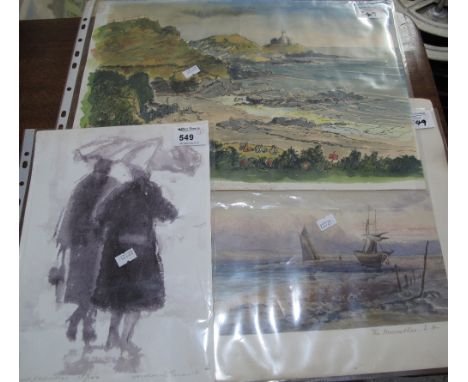 Manner of David Cox, Junior, 'The Mumbles, S.W.', watercolours, unframed, together with W. Des Hawkins, 'Bracelet Bay, Swanse