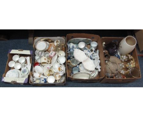 Four trays of various china and glass, to include: Royal Tuscan floral teaware; commemorative mugs; other floral teaware; Con