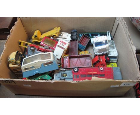 Box of assorted play worn diecast model vehicles to include: Dinky toys Thunderbird II; Corgi Commer five ton; Dinky four bir