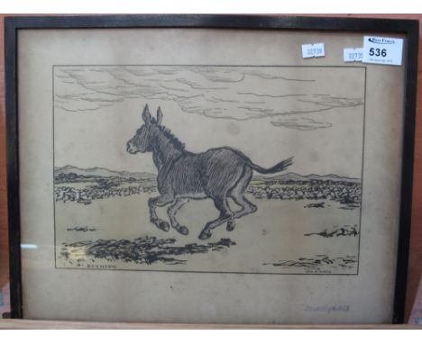 After Jack B. Yeats, 'Evening', study of a galloping donkey, monochrome print, signed in pencil by the artist.  Framed and gl