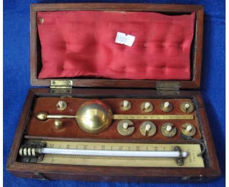 Cased Sikes hydrometer with thermometer and weights.