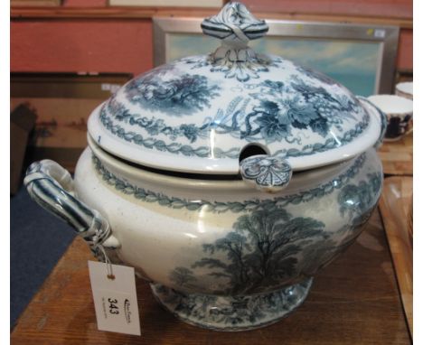 19th Century Davenport British scenery twin-handled pedestal tureen and cover with matching ladle. (2) CONDITION REPORT: Meas