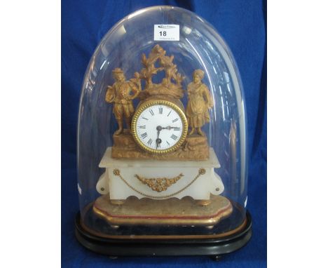 Late 19th/early 20th Century gilt metal figural mantel clock on plinth, within dome and outer plinth, enamel face with Roman 