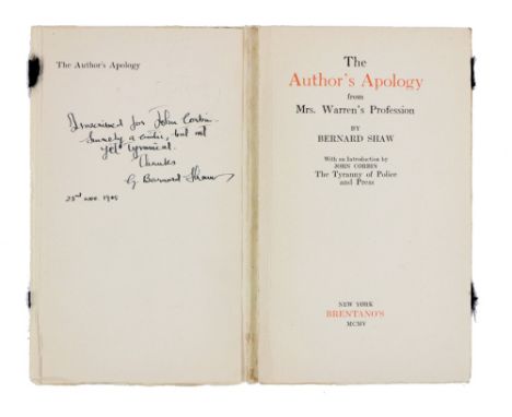Fine Association Copy  Shaw (Geo. Bernard)&nbsp;The Author's Apology from Mrs. Warren's Profession,&nbsp;Thin 8vo New York (B