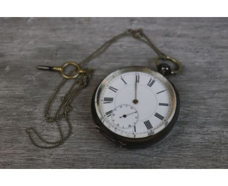 Silver open face key wind pocket watch, white enamel dial and subsidiary dial, black Arabic numerals, brass poker hand (one m