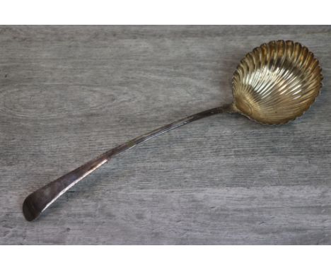 George III silver soup ladle, feather edge Old English pattern with shell shaped bowl, makers Thomas Tookey,  1774, length ap