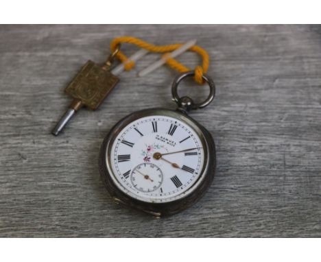 H Samuel silver fob watch, white enamel dial and subsidiary dial, black Arabic and Roman numerals, poker hands, hand painted 