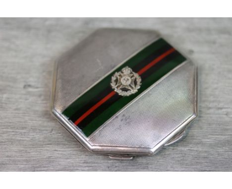 Military interest: enamelled silver octagonal World War II sweetheart compact, with applied Rifles Regiment insignia to centr