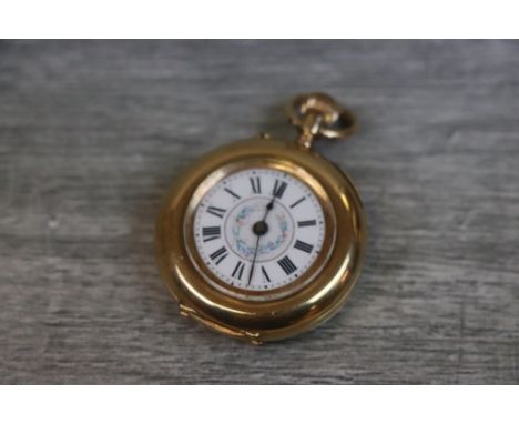 14ct yellow gold open face top wind fob watch, white enamel dial with hand painted floral decoration to centre, black Roman n