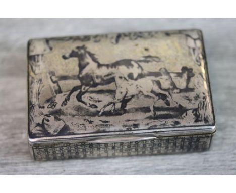 Russian white metal niello snuff box, the hinged lid depicting cantering horse and foal in field, exotic bird and floral deco