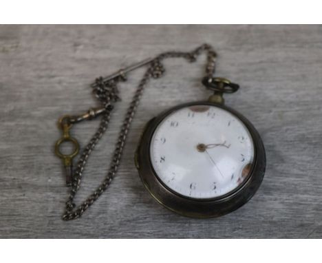 George III silver pair cased key wind fusee pocket watch, white enamel dial with black Arabic numerals, fine rose metal poker