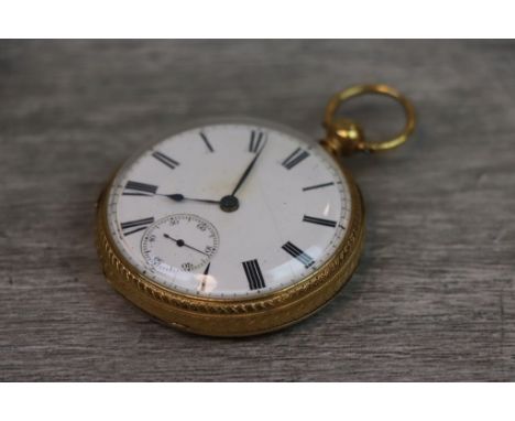 Victorian 18ct yellow gold open face key wind pocket watch, white enamel dial and subsidiary dial, black Roman numerals and p