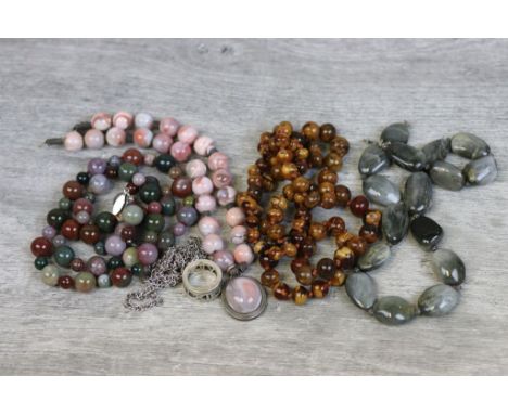 Collection of bead necklaces to include amber type graduated bead necklace, pink Botswana agate silver pendant necklace, bloo