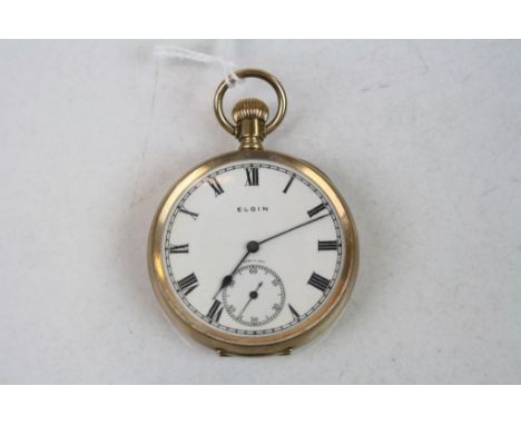 Early 20th century Elgin 9ct rose gold open face top wind pocket watch, white enamel dial and subsidiary dial, black Roman nu