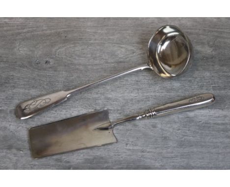 Russian silver fiddle pattern ladle, monogrammed terminal, kokoshnik marks, length approximately 29cm together with a Russian