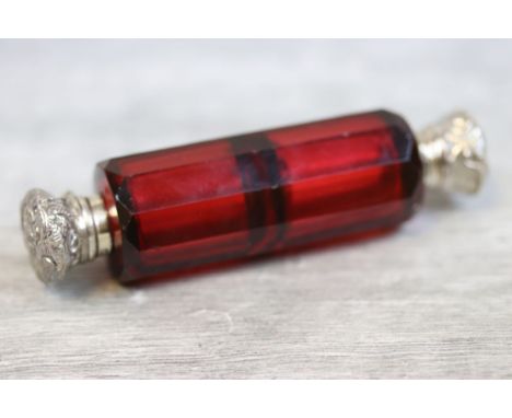 Late Victorian ruby glass double ended silver capped scent bottle, floral and foliate decoration, makers mark indistinct, hal