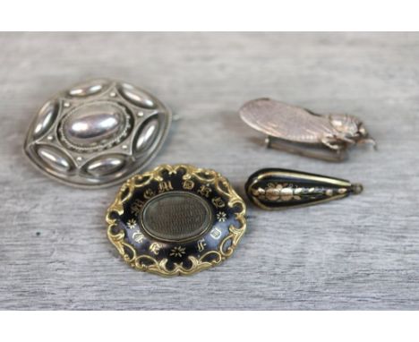 Victorian enamelled yellow gold mourning brooch, woven hair glazed panel to centre with black enamel surround and yellow meta
