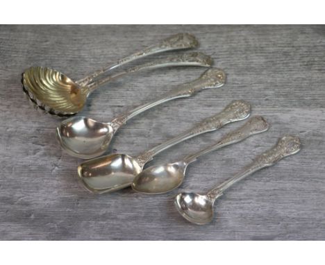 Two Victorian silver Queens pattern condiment spoons and a Victorian Queens pattern silver salt spoon, initialled terminal, m
