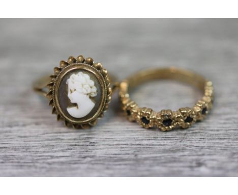 Cameo 9ct yellow gold ring, depicting female profile, rub over setting, rope twist and barley twist border surrounds, size of