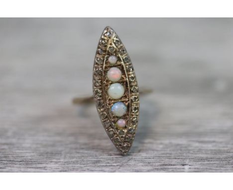 Early 20th century opal and diamond marquise ring, five graduated round cabochon cut precious white opals to centre displayin