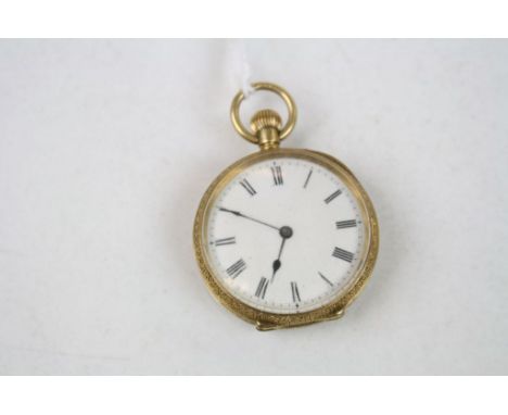 18ct yellow gold open face top wind fob watch, white enamel dial with black Roman numerals and poker hands, 18ct gold dust co