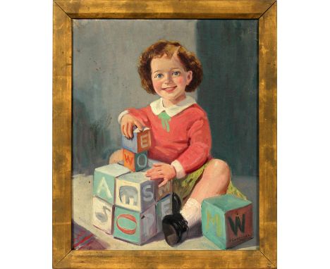 F. CARLOS LOPEZ OIL ON CANVAS, H 31", W 25",  GIRL WITH BLOCKS:  F. Carlos Lopez [American  1908-1953].  H 31 1/2", W 25 1/2"