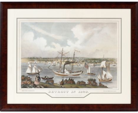 DETROIT IN 1820 LITHOGRAPH, C. 1870, H 19", W  25",:  Detroit in 1820 with View of  Walk-in-the-Water, Corrie's Detroit  Lith