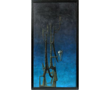 GUY PALAZZOLA OIL ON MASONITE, H 48", L 23.5",  THOUGHT:  Guy J. Palazzola [American,  1919-1978].  An abstract composition. 